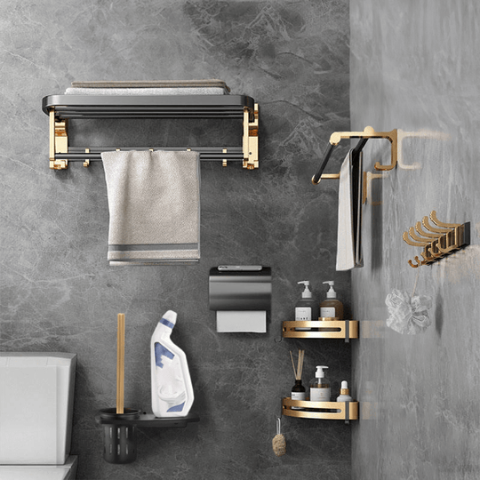 Affordable durable black gold bathroom accessories set with towel holder and hooks, crafted from quality space aluminum for DIY luxe styling.