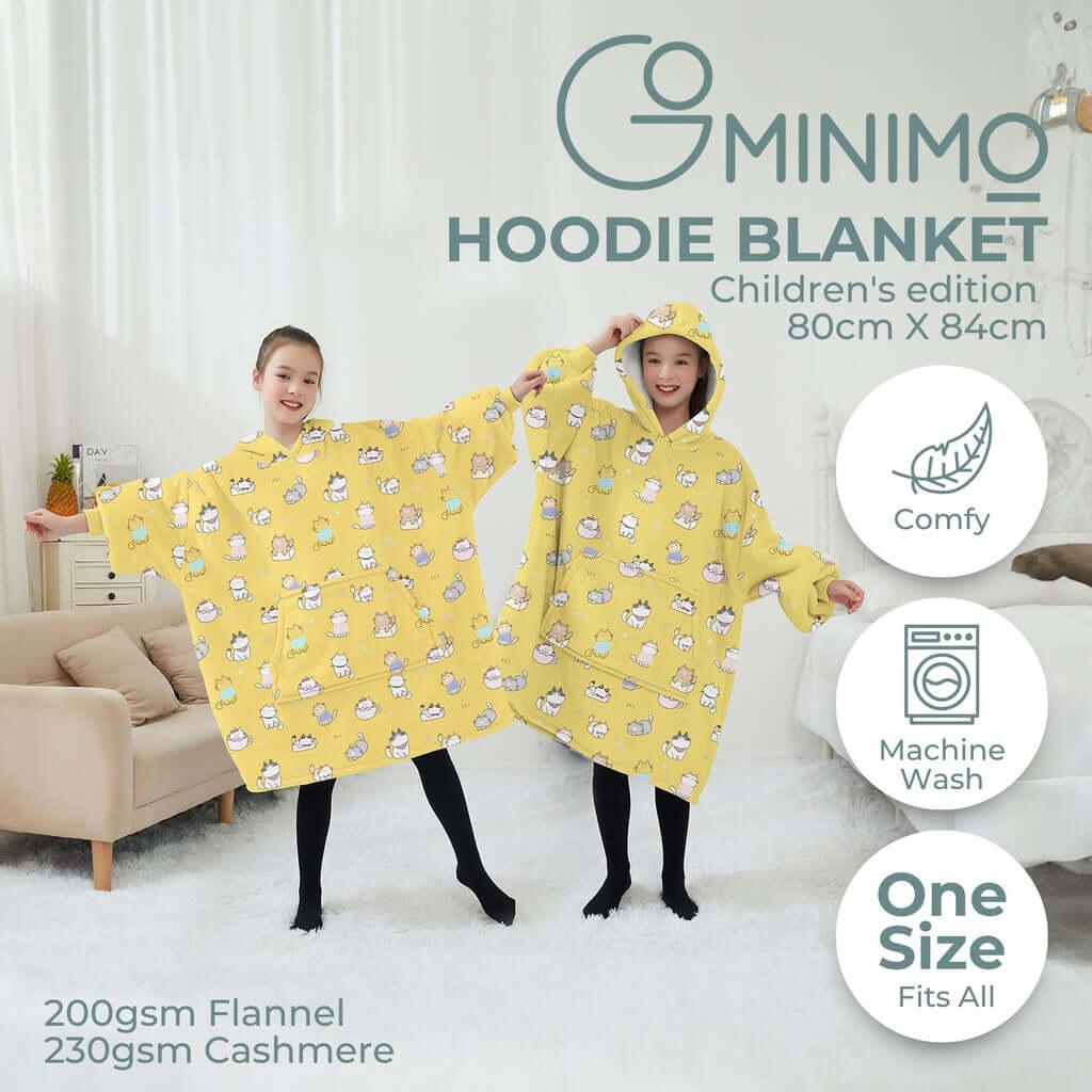 GOMINIMO Kids Cat Hoodie Blanket in yellow with comfy design, machine washable, one size fits all for cozy warmth.