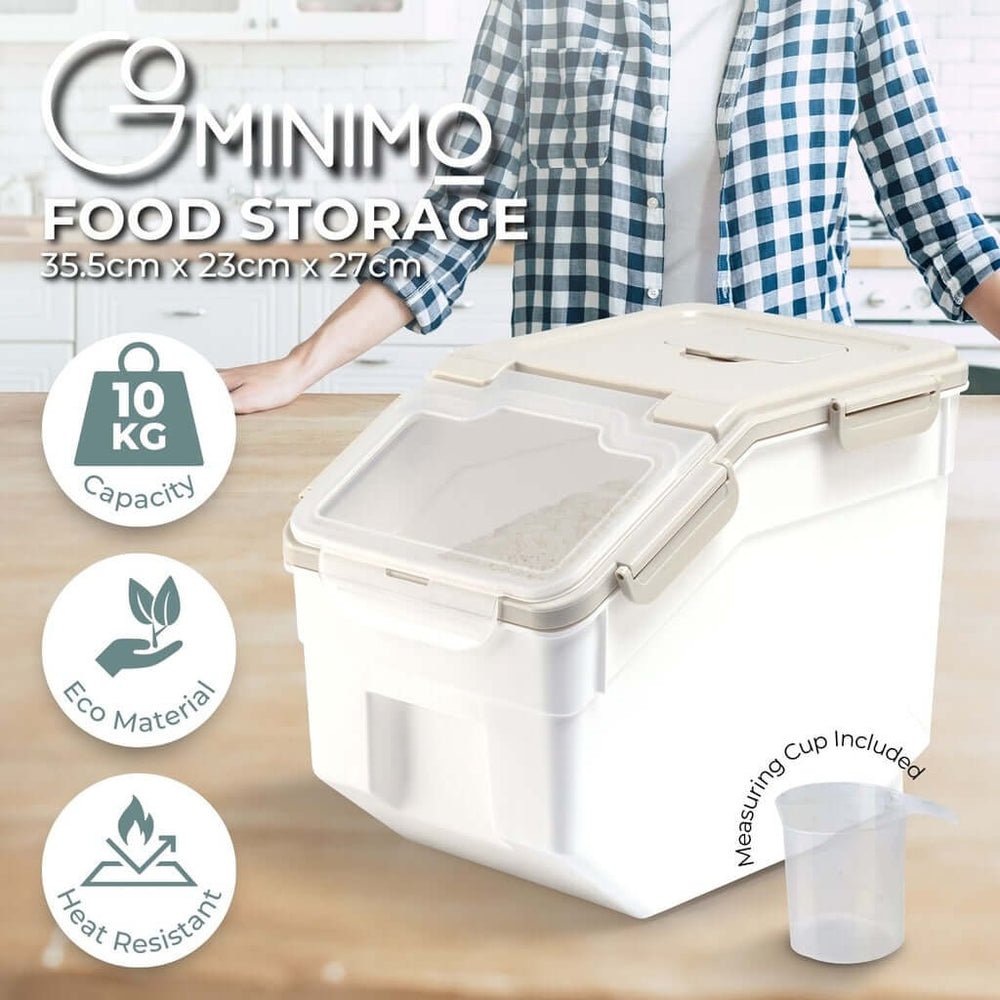 Gominimo airtight food storage container in beige with measuring cup, 10 kg capacity, heat-resistant, eco-friendly design.