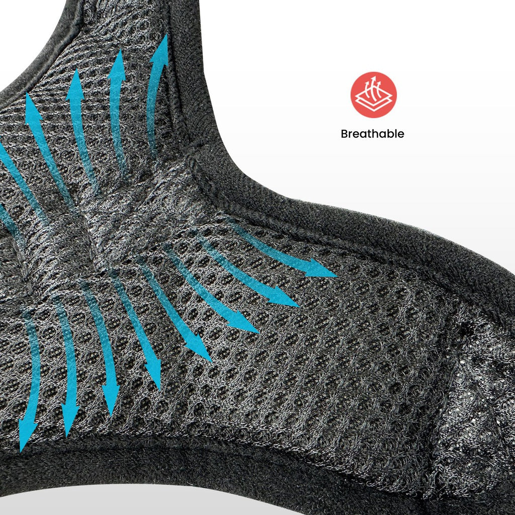 Breathable fabric detail with blue arrows indicating airflow pattern for comfort and ventilation.