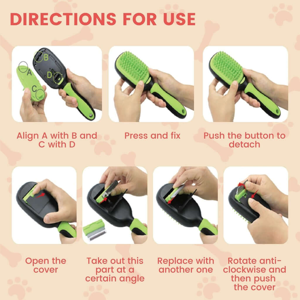 Instructions for using the Floofi 5in1 Pet Grooming Set with easy alignment and attachment steps.