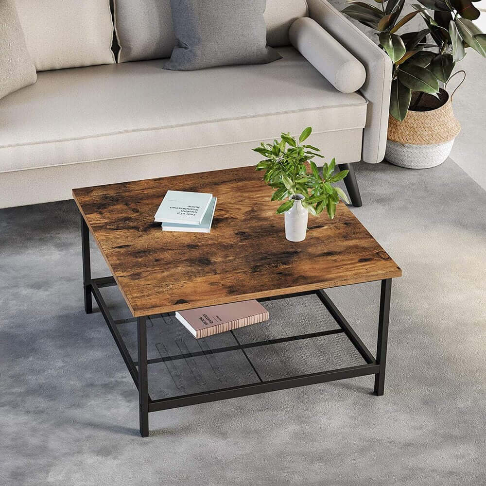 Square rustic brown coffee table with mesh shelf, ideal for affordable and luxe DIY decor in living rooms.