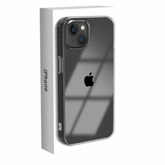 New iPhone in white box with transparent protective case