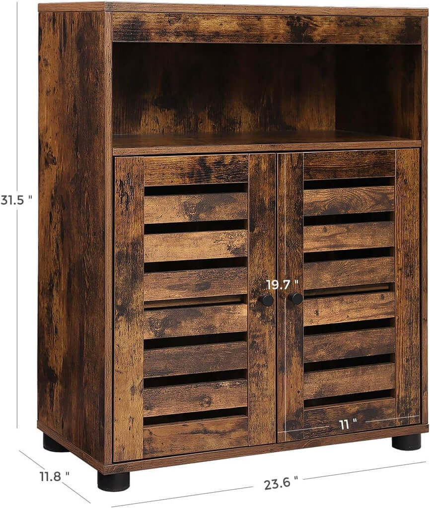 Rustic VASAGLE storage cabinet with shelves and louvered doors, featuring adjustable feet and anti-tip kit for stable, cheap DIY storage.