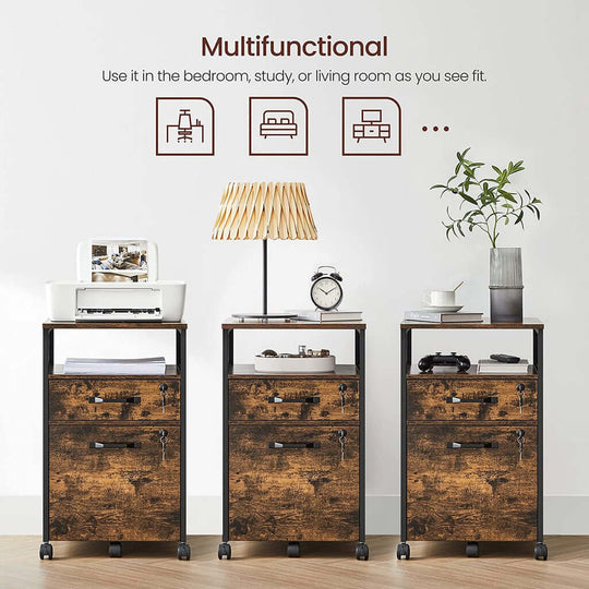 Multifunctional VASAGLE office file cabinet with lockable drawers, rustic brown and black design, suitable for home or office decor.