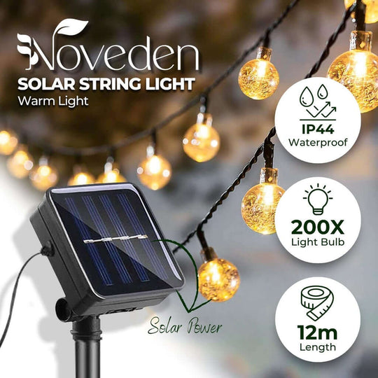 Noveden solar string light with 200 warm light bulbs, IP44 waterproof, 12m length, powered by solar energy for eco-friendly decor.