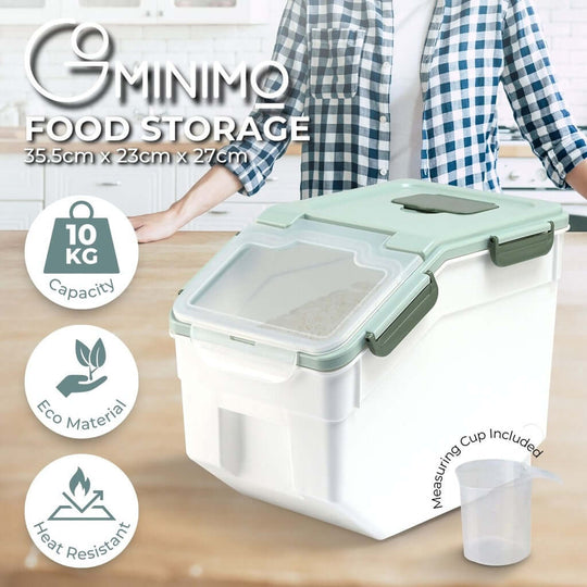 GOMINIMO multipurpose food storage container in green, featuring airtight seal, heat resistance, and measuring cup, ideal for pet food or grains.