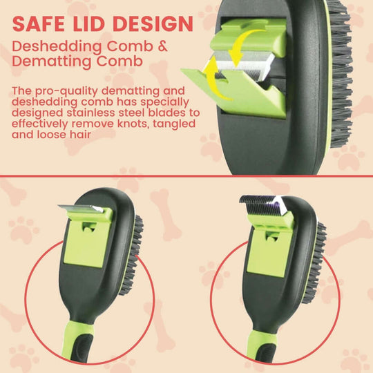 Floofi 5in1 Pet Grooming Set features safe lid design for dematting and deshedding comb, perfect for all pet hair types.