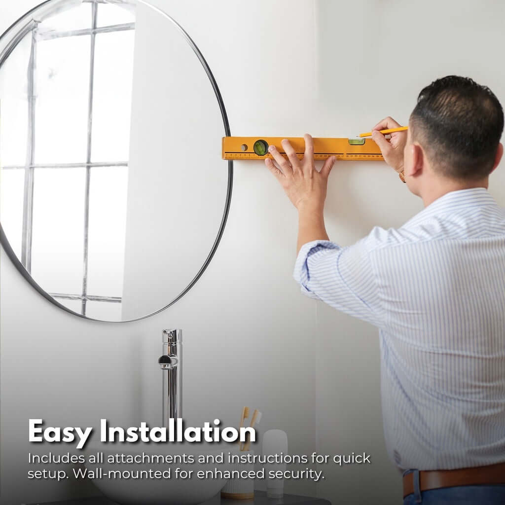 Man installing a wall-mounted bathroom accessory set with level tool, highlighting easy DIY setup and secure installation.