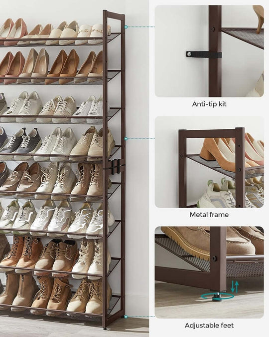 SONGMICS 8-Tier bronze shoe rack with adjustable shelves showcasing anti-tip kit, metal frame, and adjustable feet for stability.