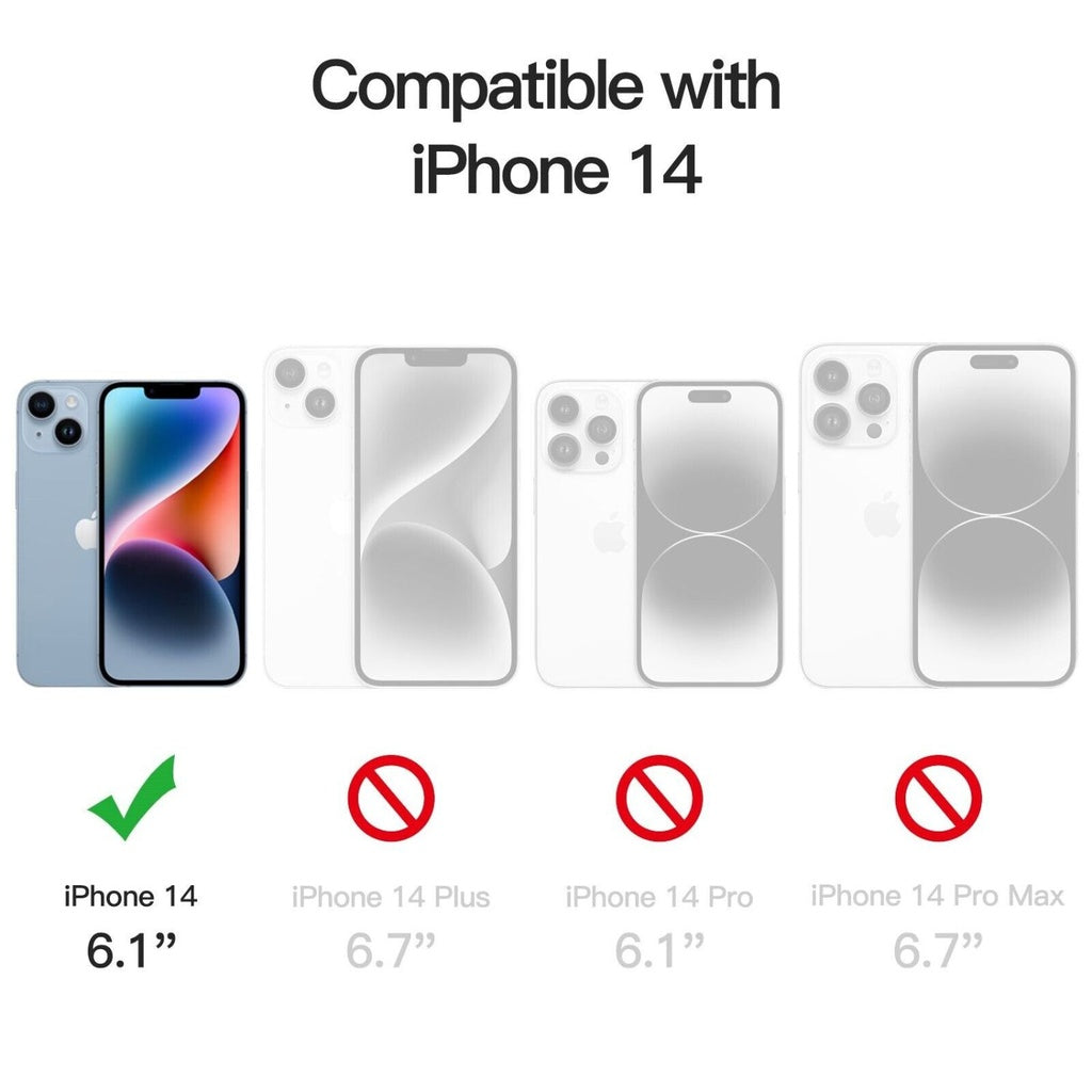 iPhone 14 compatibility guide showing different iPhone models with sizes and compatibility indicators.