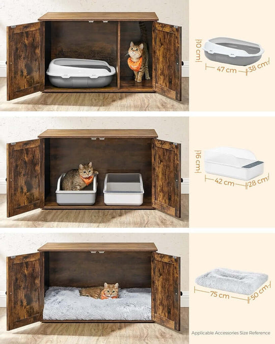 Affordable FEANDREA cat litter box furniture with vintage brown finish, DIY removable divider, offers quality, luxe style, and privacy.