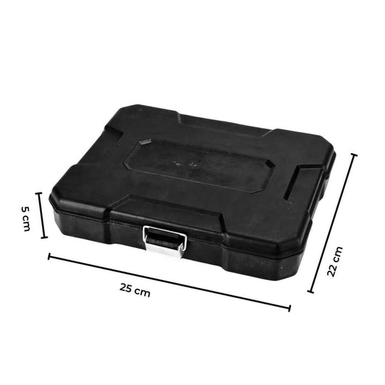 RYNOMATE drill bits set in durable black plastic case, dimensions 25cm x 22cm x 5cm, ideal for DIY and affordable quality.