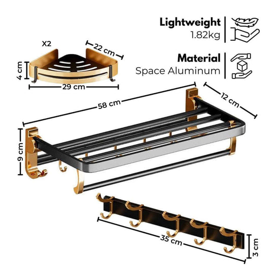 Durable Black Gold Space Aluminum Bathroom Accessory Set A with towel holder and hooks, affordable luxury for DIY bathroom upgrades.