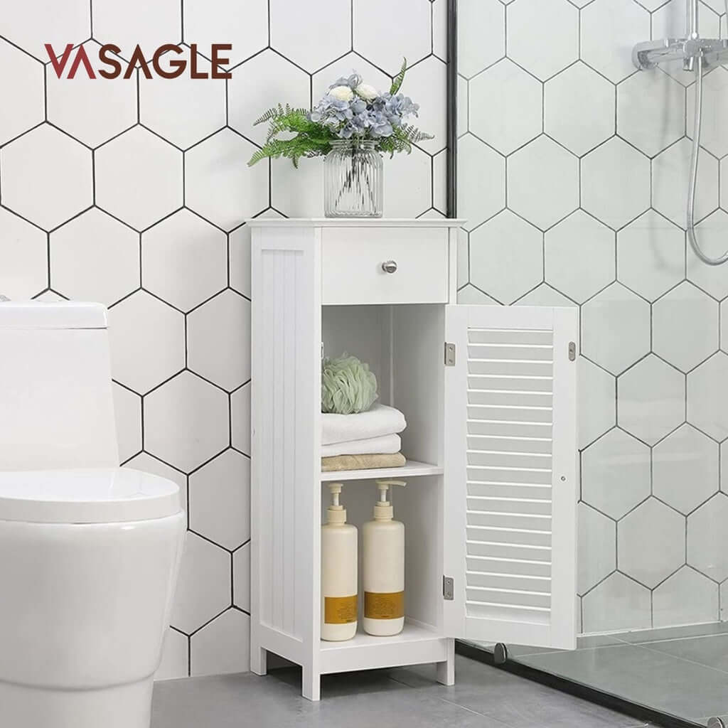 Affordable VASAGLE floor cabinet with drawer, door open showing storage, in a luxe bathroom setting.