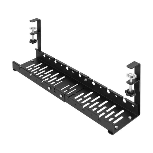 GOMINIMO black retractable cable management tray, no-drill design, sturdy steel, ventilated for cooling, ideal for affordable DIY cable organizing.