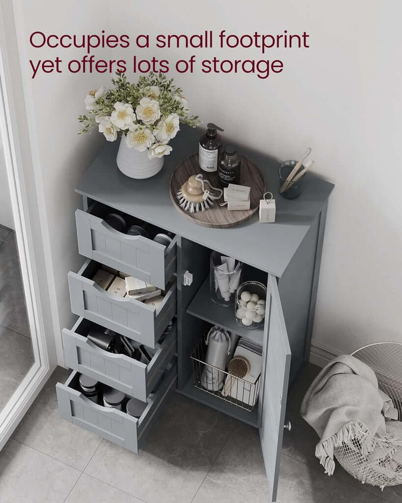 Gray VASAGLE floor cabinet with 4 drawers, showing ample storage and a small footprint. Affordable, quality, and DIY luxe furniture.