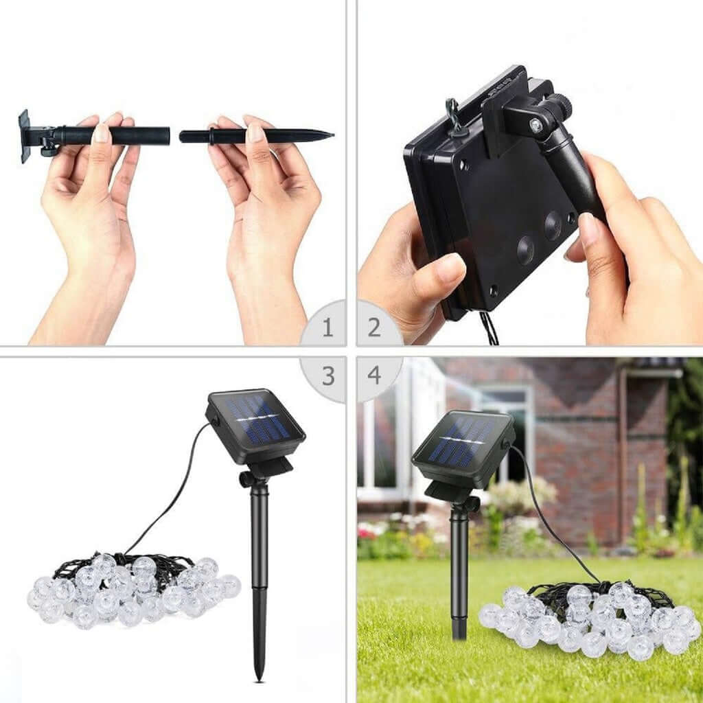 Assembly steps for NOVEDEN 200 Light Bulb Solar String Lights, showcasing solar panel setup and installation process.