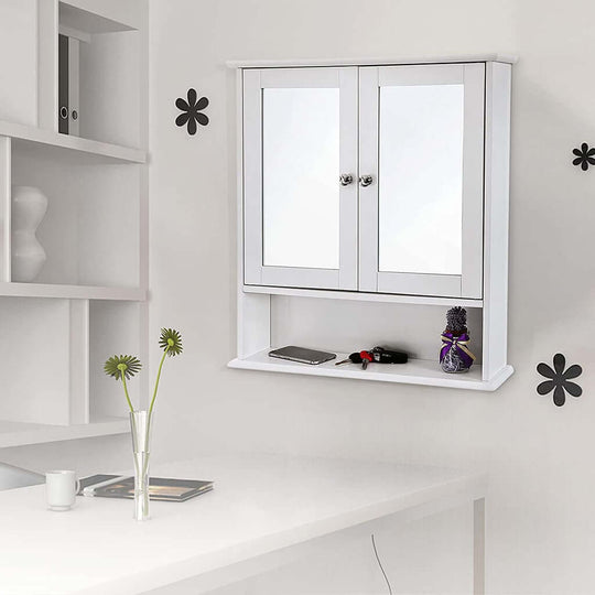 Affordable VASAGLE wall cabinet with 2 mirror doors, quality white bathroom storage, cheap DIY luxe decor solution.