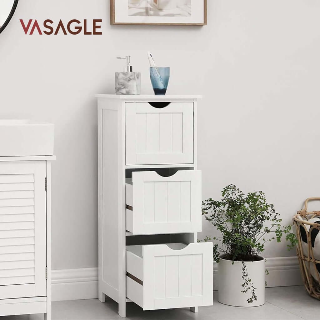 VASAGLE white floor cabinet with three drawers, affordable quality, Nordic style, DIY storage solution in a chic bathroom setting.