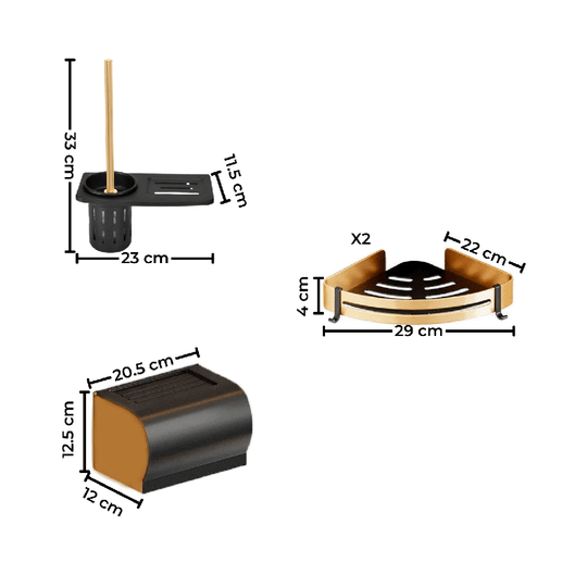 Gominimo Bathroom Wall Mount Black Gold Accessories Set with dimensions, showing luxe, affordable, quality DIY solutions.