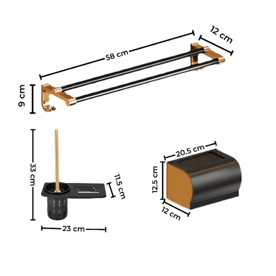 Gominimo Bathroom Wall Mount Black Gold Accessories Set with dimensions, featuring towel holder, hooks, and toilet brush holder