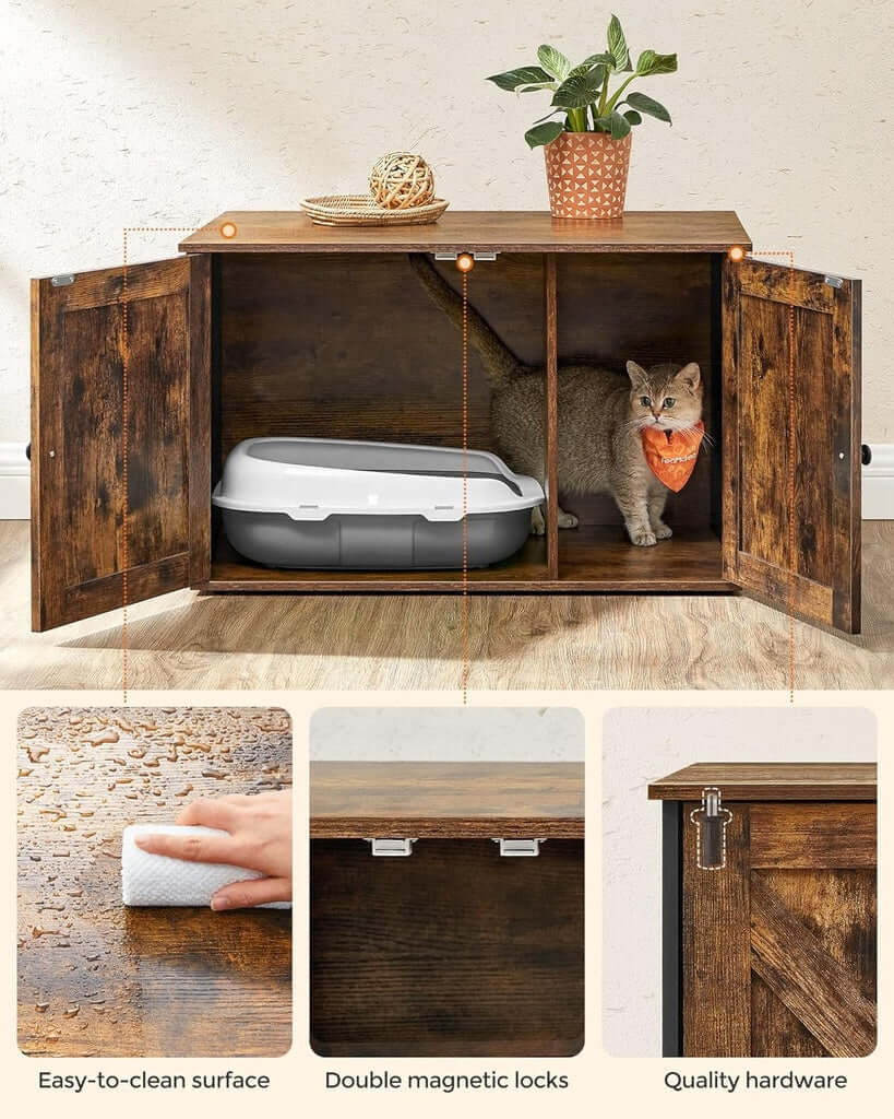 Vintage brown cat litter box furniture with removable divider, showcasing rustic design and sturdy build. Features easy-to-clean surface and secure locks.