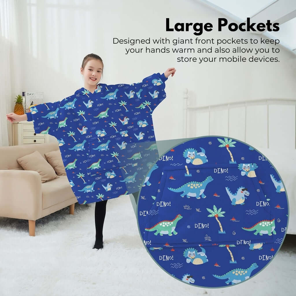 Cozy GOMINIMO hoodie blanket for kids in dark blue with dinosaur print and large pockets for warmth and storage.