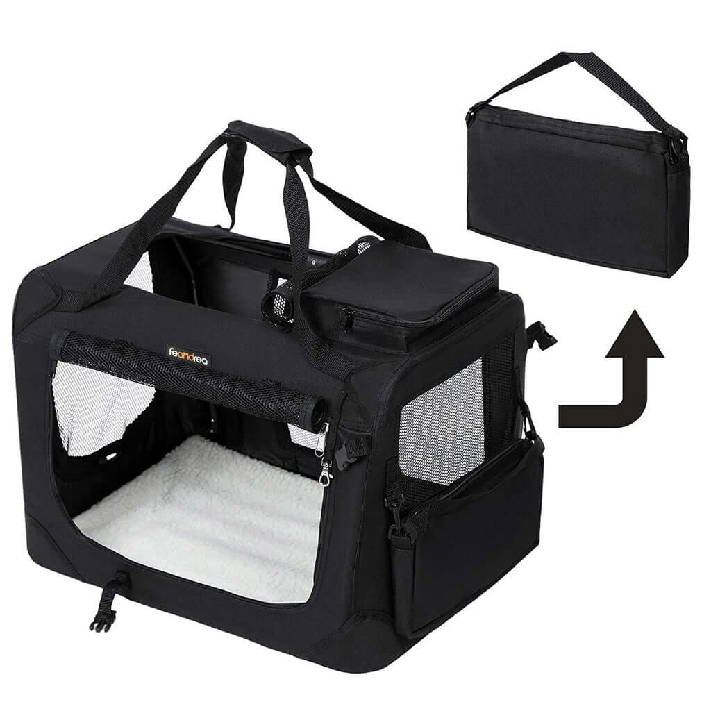 Black foldable fabric pet carrier, suitable for small dogs, featuring DIY setup. Affordable, quality design for convenient travel.