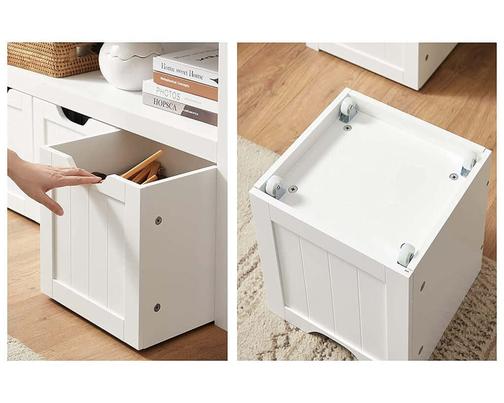 Affordable VASAGLE storage bench shows drawer details and white finish with DIY assembly, perfect for luxe organization.