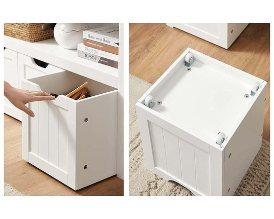 Affordable VASAGLE storage bench shows drawer details and white finish with DIY assembly, perfect for luxe organization.