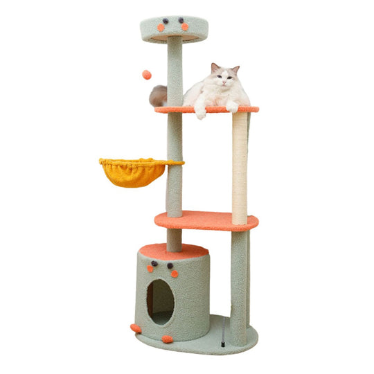 Cat lounging on a multi-level cat tree with scratching posts and a hanging basket. Ideal for affordable, quality homewares and value furniture for pets.