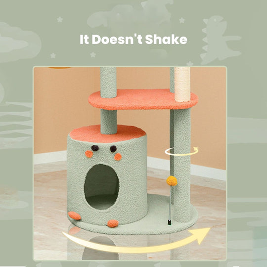 Sturdy orange and gray cat tree with a stable base and playful design