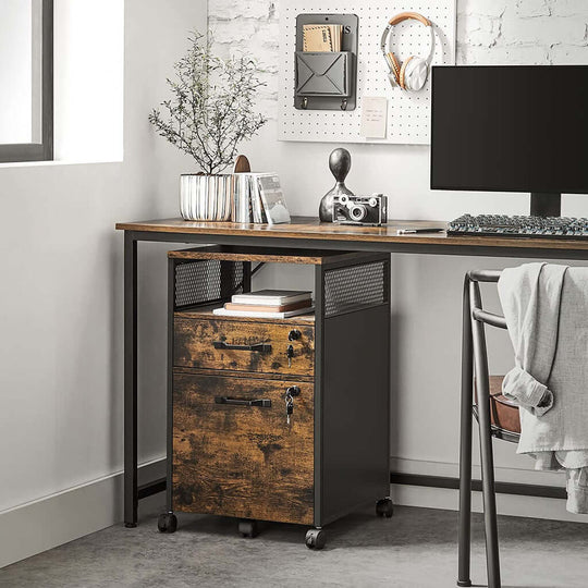 Rustic brown and black VASAGLE file cabinet with lockable drawers under office desk; affordable, quality, DIY office furniture.