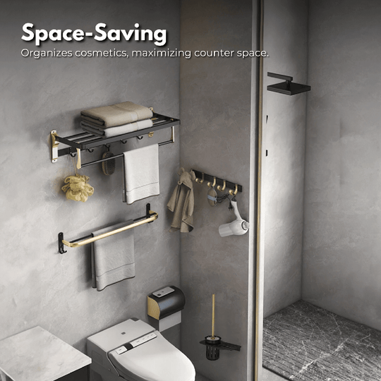 Elegant black gold bathroom accessories set showcasing space-saving towel rack and hooks, optimizing counter space for cosmetics.