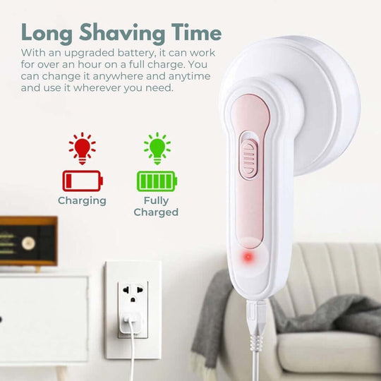 GOMINIMO USB rechargeable fabric shaver showing charging status indicators in a cozy home setting.