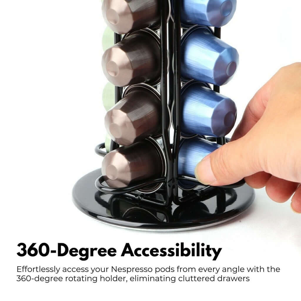 GOMINIMO Coffee Pod Holder showcasing 360-degree accessibility with stylish design storing 42 pods in black finish.