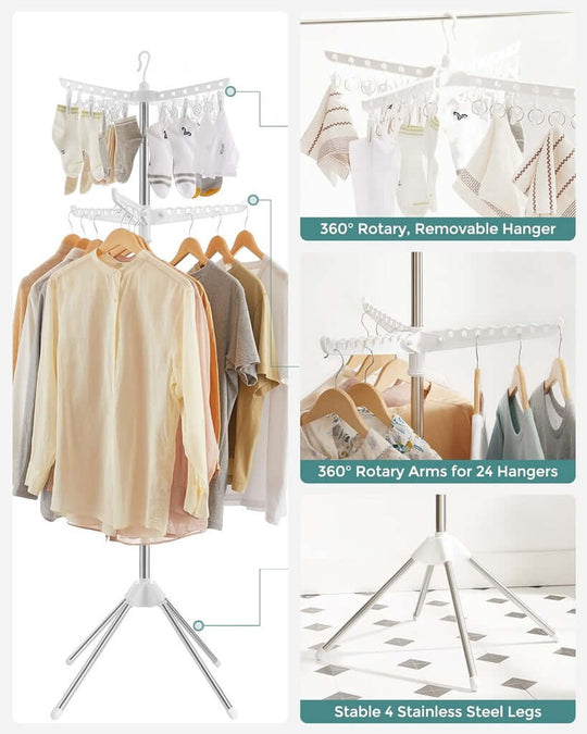 SONGMICS 2-Tier Clothes Drying Rack with 360° rotary arms, removable hangers, and stable stainless steel legs in white and silver.