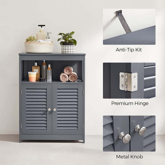 Gray VASAGLE floor cabinet with shelf and 2 doors, featuring louvered design, anti-tip kit, premium hinges, and metal knobs.