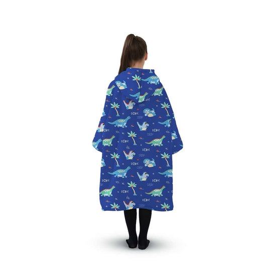 Kids GOMINIMO dinosaur hoodie blanket in dark blue, featuring cozy double layers and large pockets for warmth and comfort.