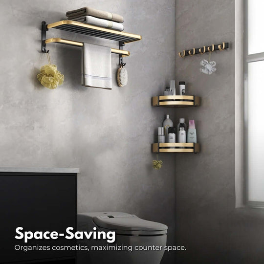 Gominimo Black Gold Bathroom Accessories Setup, featuring space aluminum towel holder, shelves, and hooks in a stylish, luxury design.