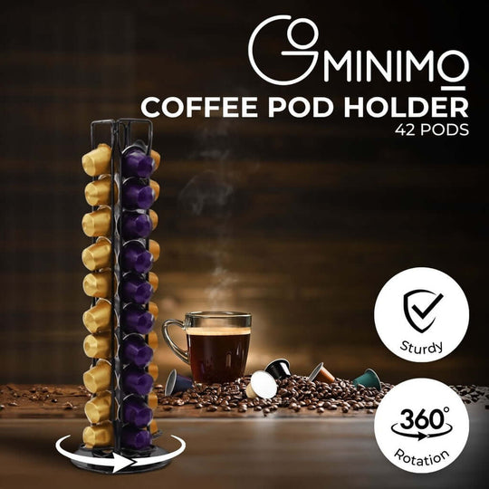 GOMINIMO coffee pod holder for 42 pods, stylish black design, sturdy steel, affordable kitchen accessory, 360-degree rotation.