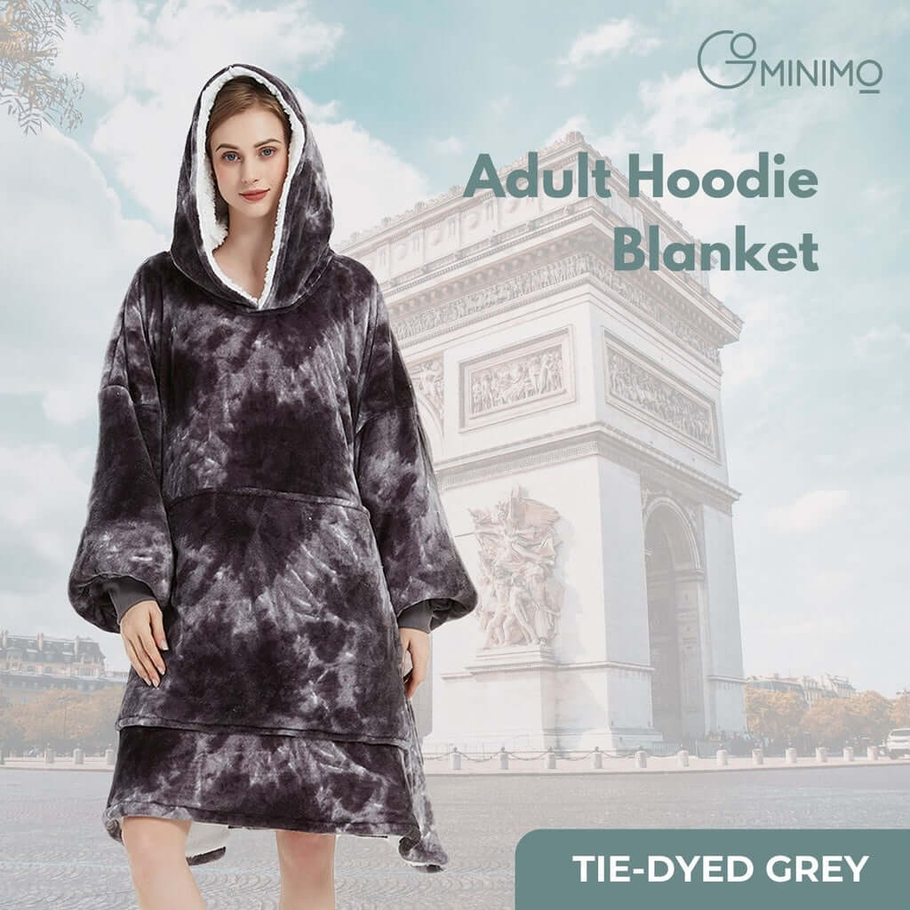 GOMINIMO Adult Hoodie Blanket in Tie-Dyed Grey, comfortable double-layer fabric with large pockets for ultimate coziness.