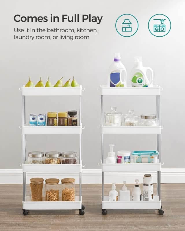 SONGMICS 4-Tier white rolling storage cart with household items, ideal for bathroom, kitchen, or laundry room organization.