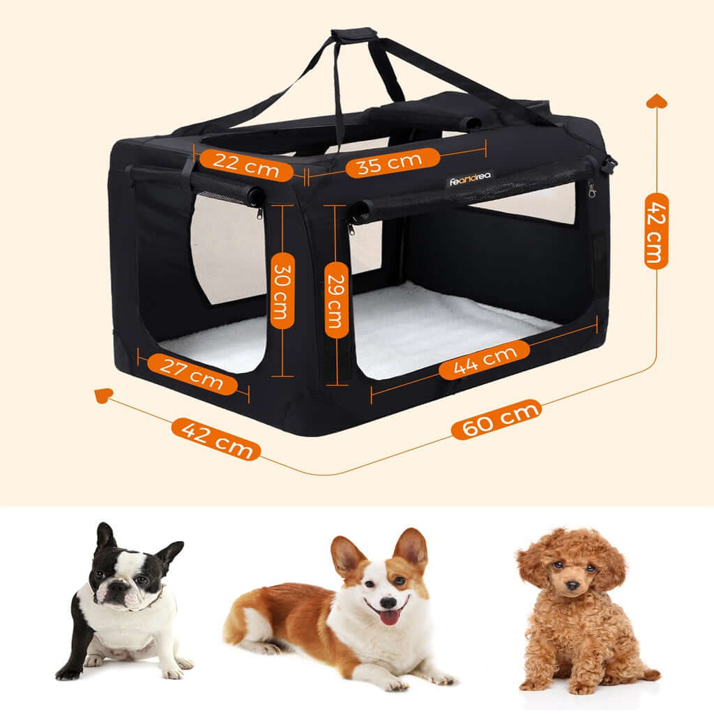 "Foldable 60cm black dog kennel for toy breeds like French Bulldog, Corgi, Toy Poodle. Affordable quality pet carrier for travel."