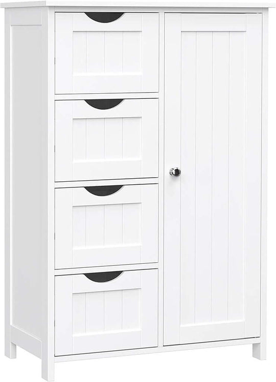 Affordable VASAGLE Floor Cabinet with 4 drawers, adjustable shelf, in white, ideal for DIY home decor in any room.