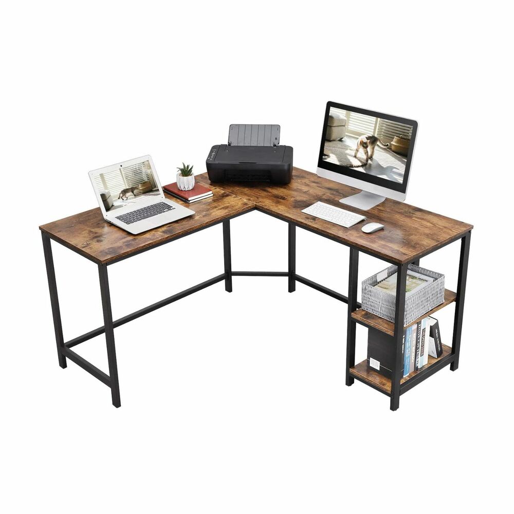 Affordable quality L-shaped home office desk with value furniture, featuring multiple shelves, a printer, and two laptops.