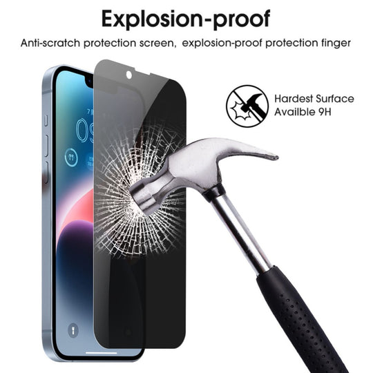 Explosion-proof phone screen protector demonstrating anti-scratch and 9H hardness with a hammer hitting the screen without damage.