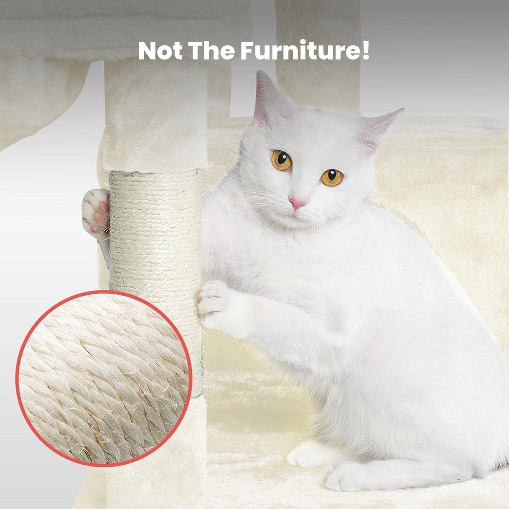 White cat using scratching post for furniture protection; quality homewares and affordable value furniture solutions for pet owners.