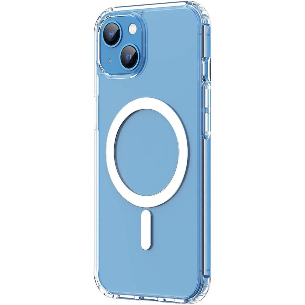 Clear mobile phone case for iPhone with MagSafe compatibility in blue color.